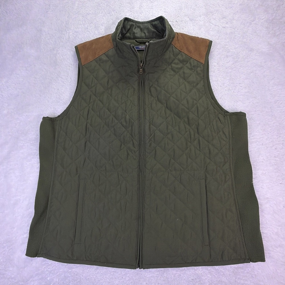 Chaps Denim Quilted Vest Womens 1X Olive Green Brown Suede Shoulders Full Zip